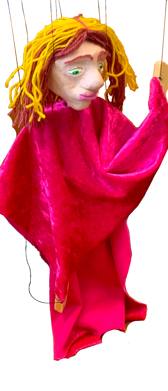 'theakrino'-Tuchmarionette mit blonden Haaren in einem pinken Gewand