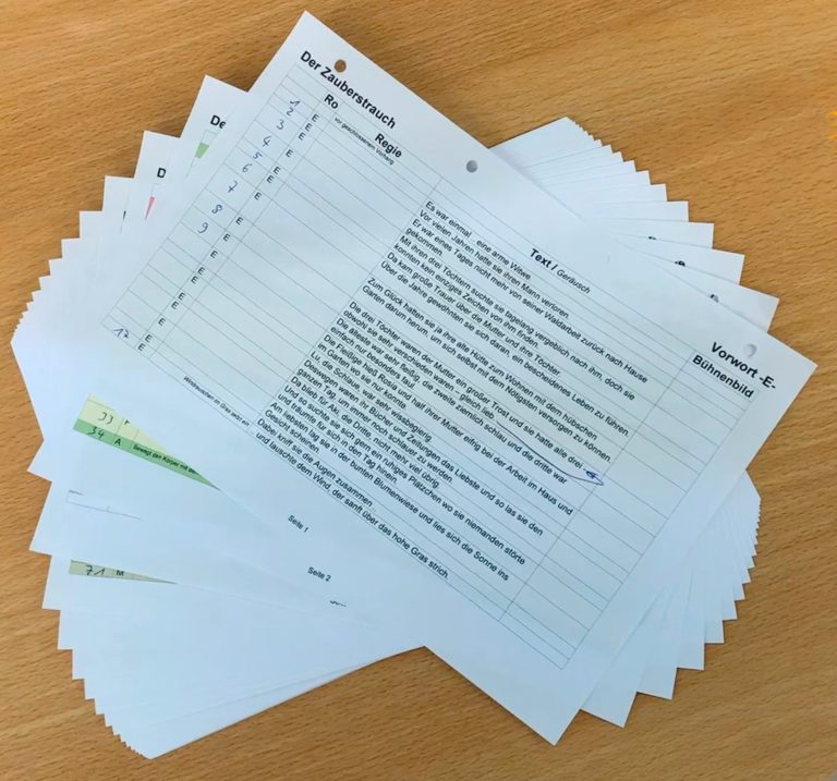 gestapelte Seiten eines 'theakrino'-Drehbuchs