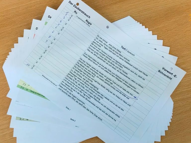 gestapelte Seiten eines 'theakrino'-Drehbuchs