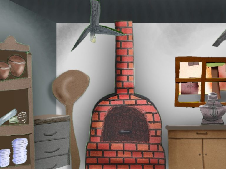 Kücheninterieur mit einem roten Backofen, Regalen und einem Fenster im Hintergrund.