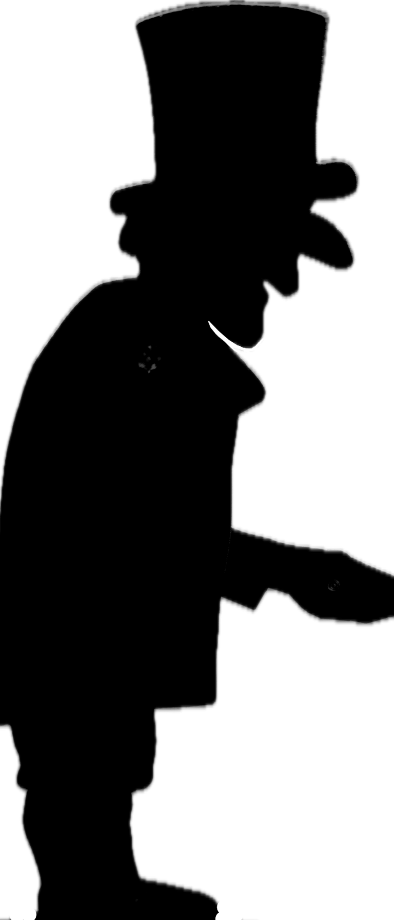 ein alter Mann mit Hochhut, der eine Hand nach vorne streckt als 'theakrino'-Schattenfigur