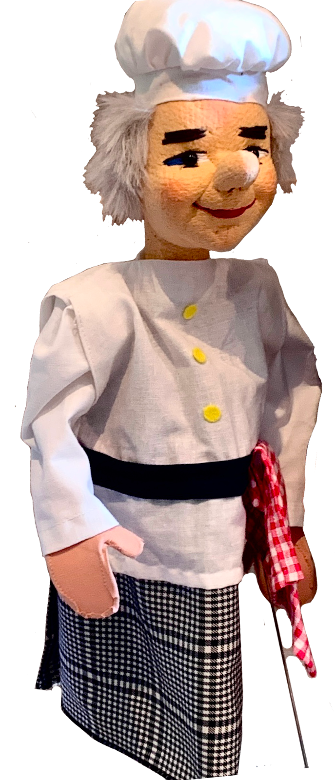 'theakrino'-Marottenfigur: Koch mit grauen Haaren, Kochmütze und Küchenhandtuch